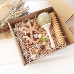 Custom baby shower gift box for boy - personalized newborn welcome baby box - handmade wooden rattle toy with name