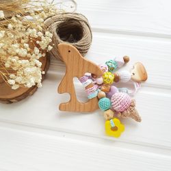 Bunny wooden rattle toy for baby - personalized Easter basket stuffer for girl rabbit with name - baby shower gift