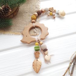 Stroller hanging baby toy hedgehog - woodland car seat toy wooden personalised - infant parent gift for newborn