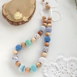 Crochet nursing necklace wooden Breastfeeding blue mint - new mom natural crochet wood mama jewelry - expecting mom gift