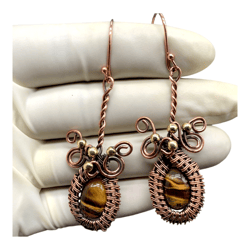 Copper Wire Wrapped Earrings with Gemstone - Tiger Eye - Handcrafted Bohemian Jewelry