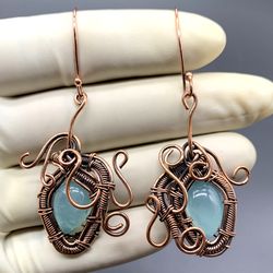 Copper Wire Wrapped Earrings with Gemstone - Calsia - Handcrafted Bohemian Jewelry