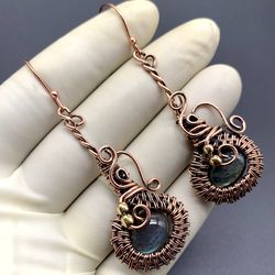 Copper Wire Wrapped Earrings with Labradorite Gemstone - Handcrafted Statement Jewelry