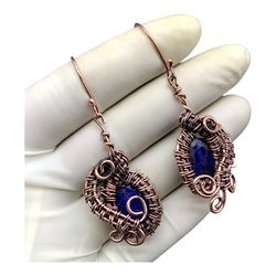 Copper Wire Wrapped Simulated Blue Sapphire Gemstone Earrings - Handcrafted Elegance and Timeless Charm