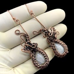 Copper Wire Wrapped Moonstone Gemstone Earrings - Handcrafted Celestial Elegance and Bohemian Chic
