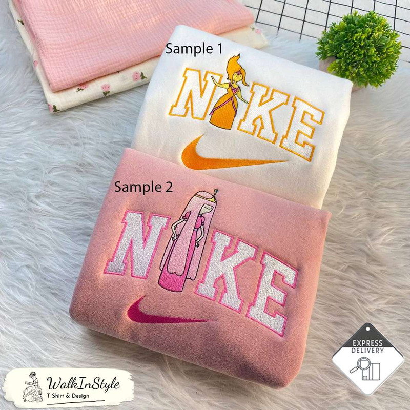 Adventure Time Flame Princess And Princess Bubblegum Nike Embroidered Sweatshirts, Nike Embroidery Matching Couple - Viralustee.jpg
