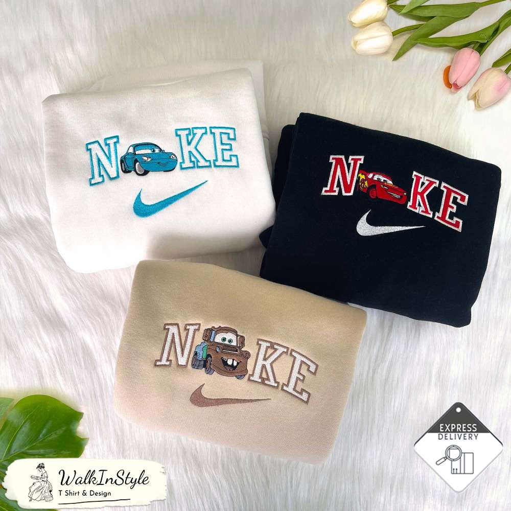 Cute Cars Movie Lightning Mcqueen Sally Car Tow Mater Disney Nike Embroidered Sweatshirts, Nike Embroidery Matching - Viralustee.jpg