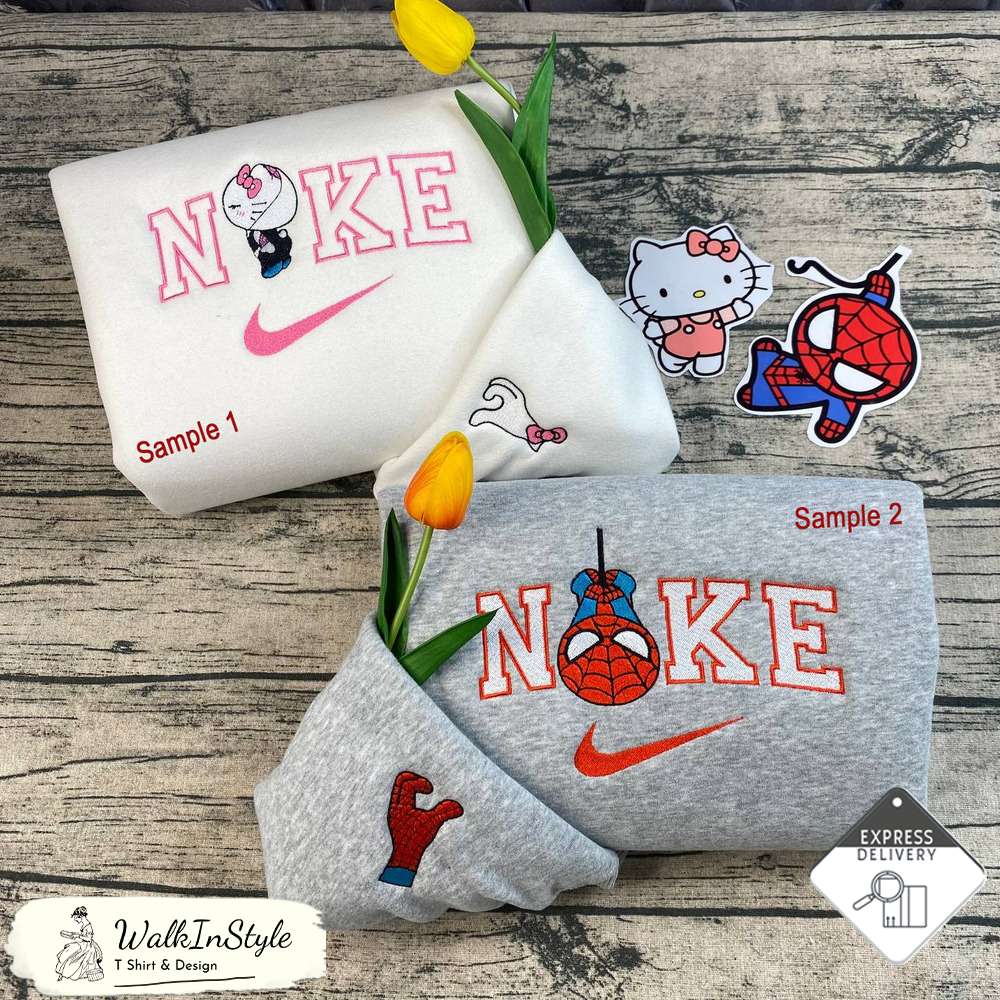 Cute Spiderman and Gwen Stacy Kitty Nike Embroidered Sweatshirts Matching, Nike Embroidery Matching Couple - Viralustee.jpg