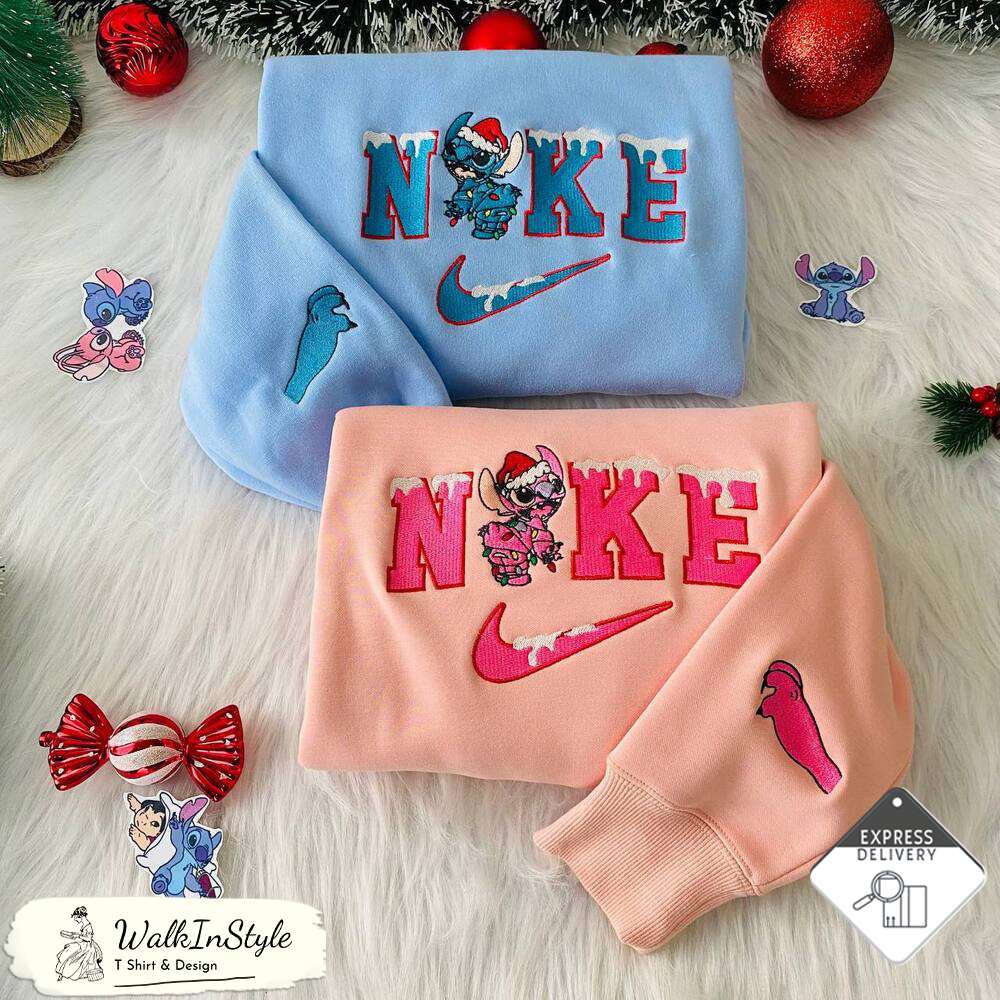 Stitch Christmas Nike Embroidered Sweatshirt, Nike Embroidery Sweatshirt Couple - Viralustee.jpg