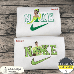 cute tiana princess and prince naveen disney nike embroidered sweatshirts, disney nike embroidery matching couple