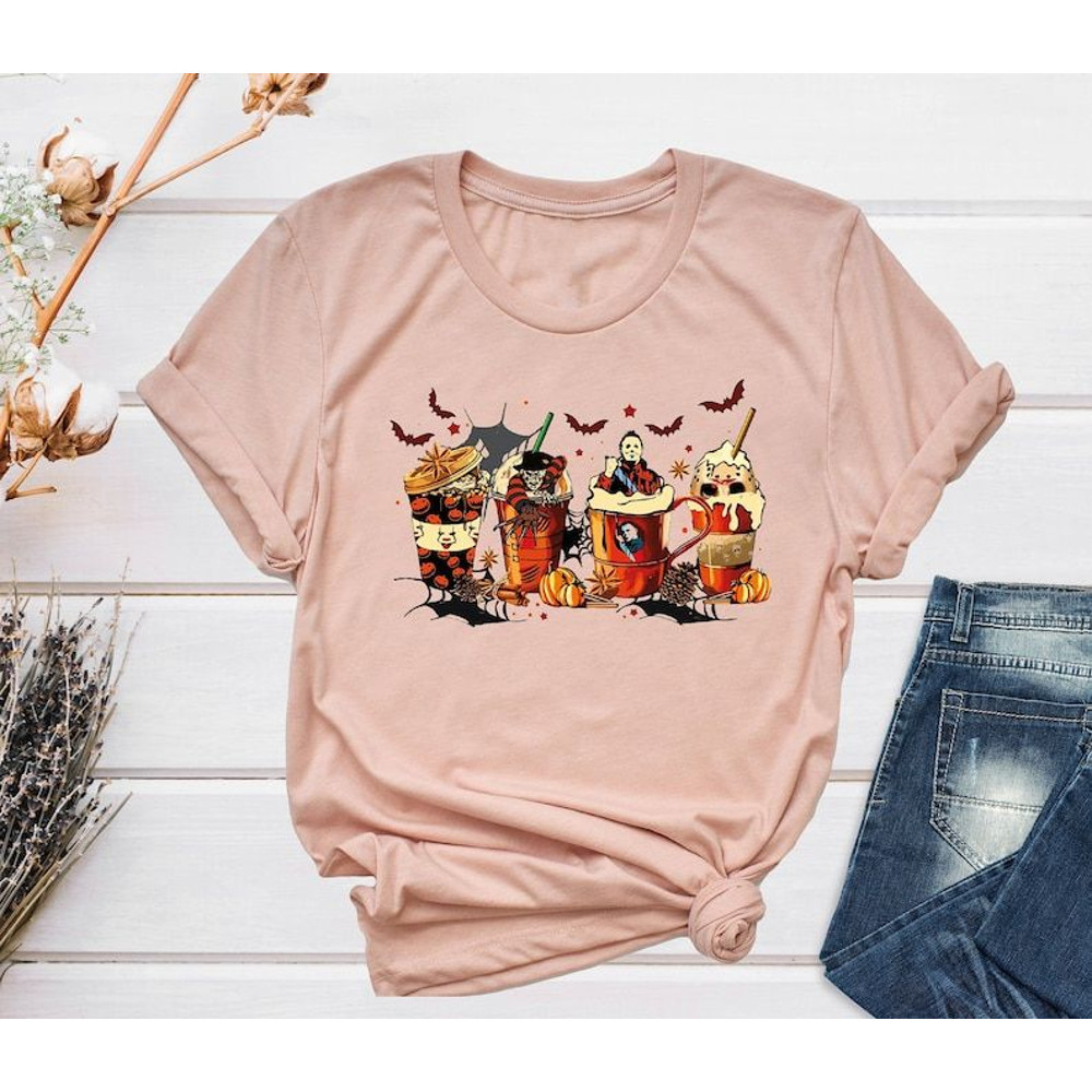Horror Movie Coffee Latte Shirt, Horror Characters Halloween Tshirt, Halloween Coffee Drink Shirt, Horror Characters Coffee Cup Shirt.jpg