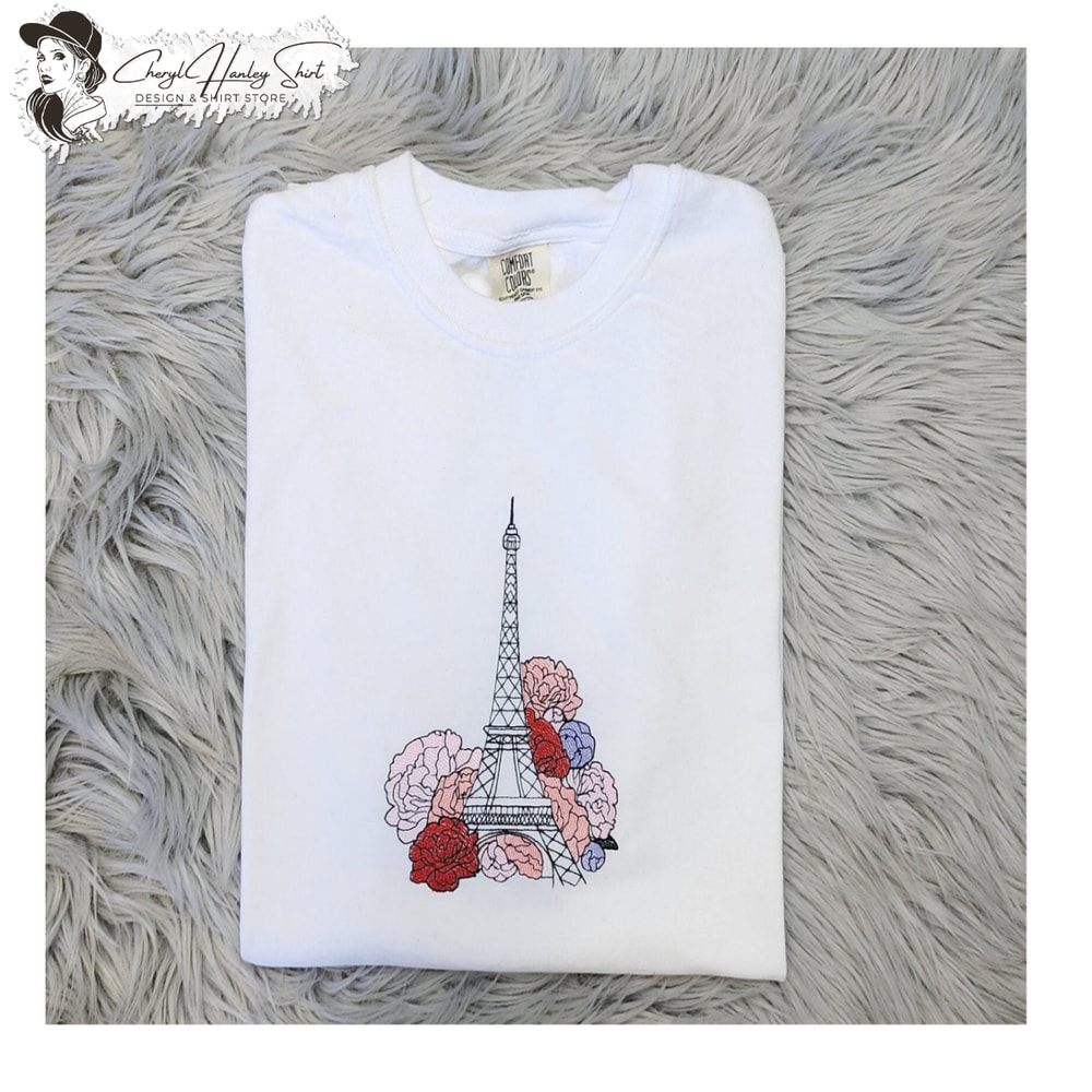 Eiffel Tower Embroidered Crewneck T-Shirt - Comfort Colors - Flower Embroidery - Paris Crewneck.jpg