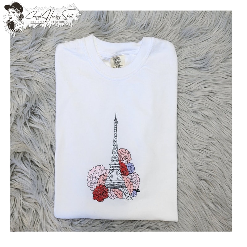 Eiffel Tower Embroidered Crewneck T-Shirt - Comfort Colors - Flower Embroidery - Paris Crewneck.jpg