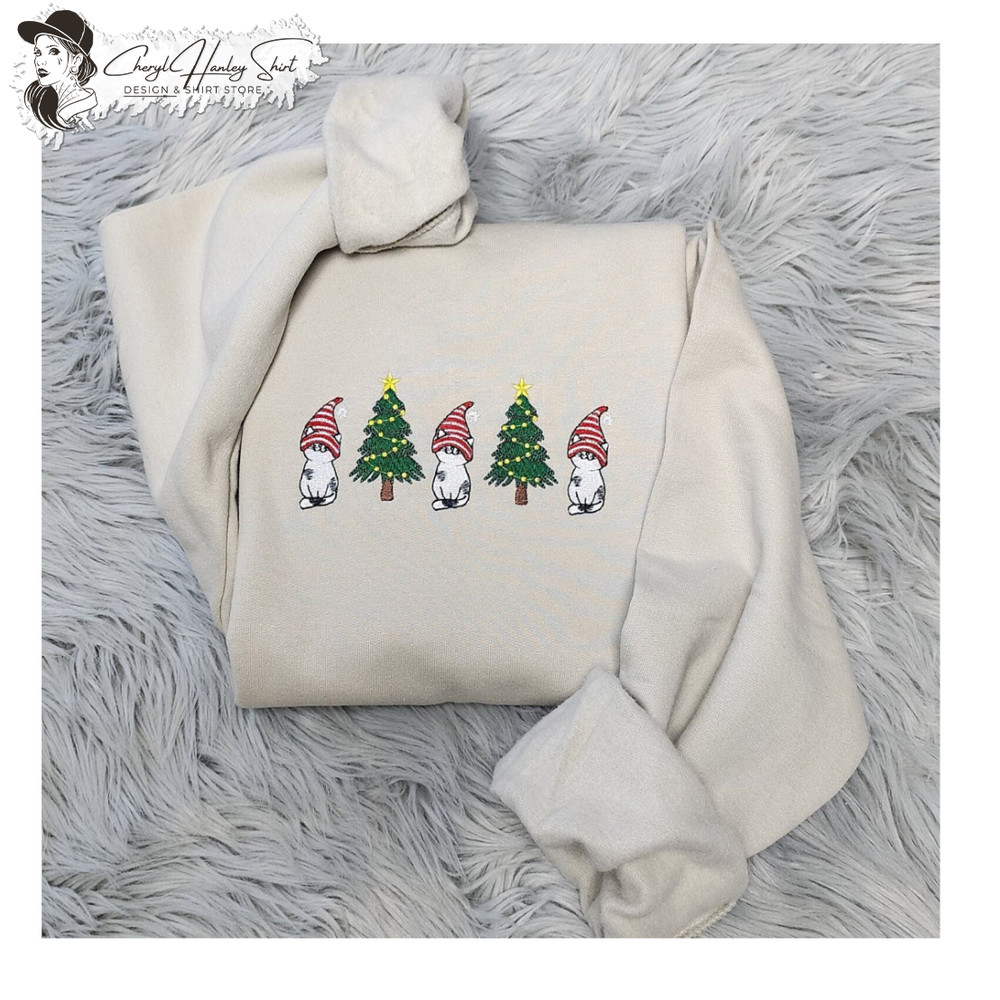 Embroidered Christmas Cats and Christmas Trees Sweatshirt, Christmas Cute Cat Embroidered Unisex Sweatshirt or Hooded Sweatshirt.jpg