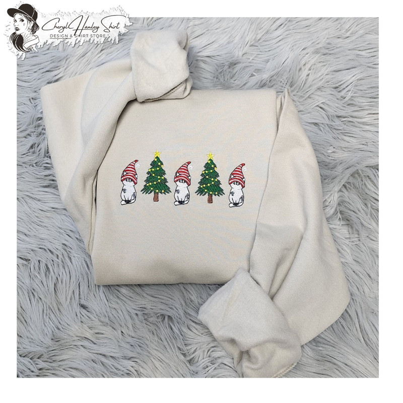 Embroidered Christmas Cats and Christmas Trees Sweatshirt, Christmas Cute Cat Embroidered Unisex Sweatshirt or Hooded Sweatshirt.jpg