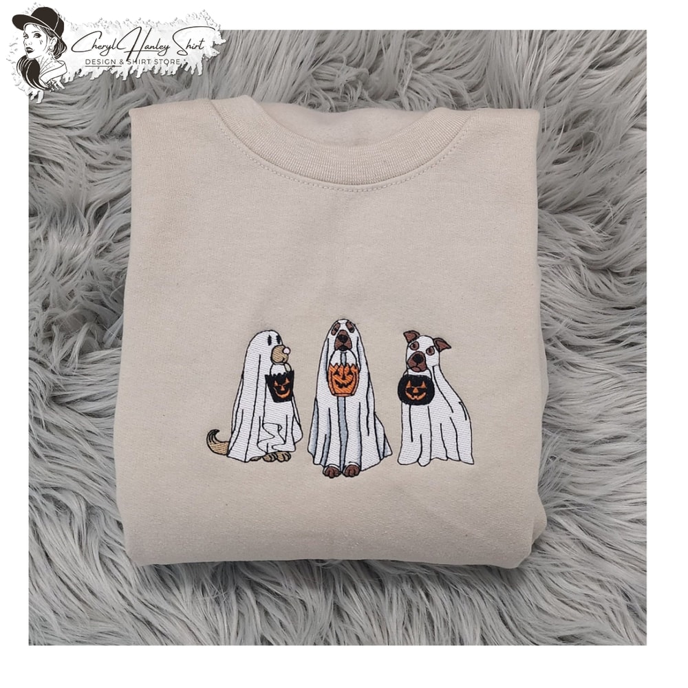 Embroidered Ghost Dogs Trick or Treat Halloween Sweatshirt, Halloween Ghost Dogs Unisex Sweatshirt or Hooded Sweatshirt.jpg