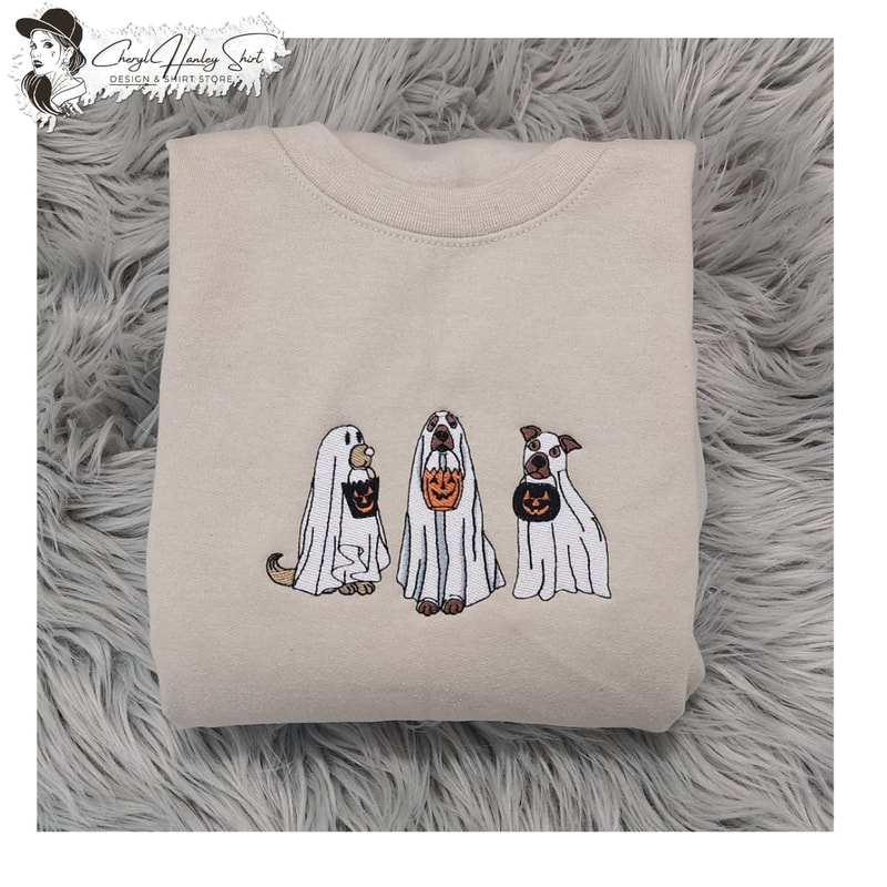 Embroidered Ghost Dogs Trick or Treat Halloween Sweatshirt, Halloween Ghost Dogs Unisex Sweatshirt or Hooded Sweatshirt.jpg