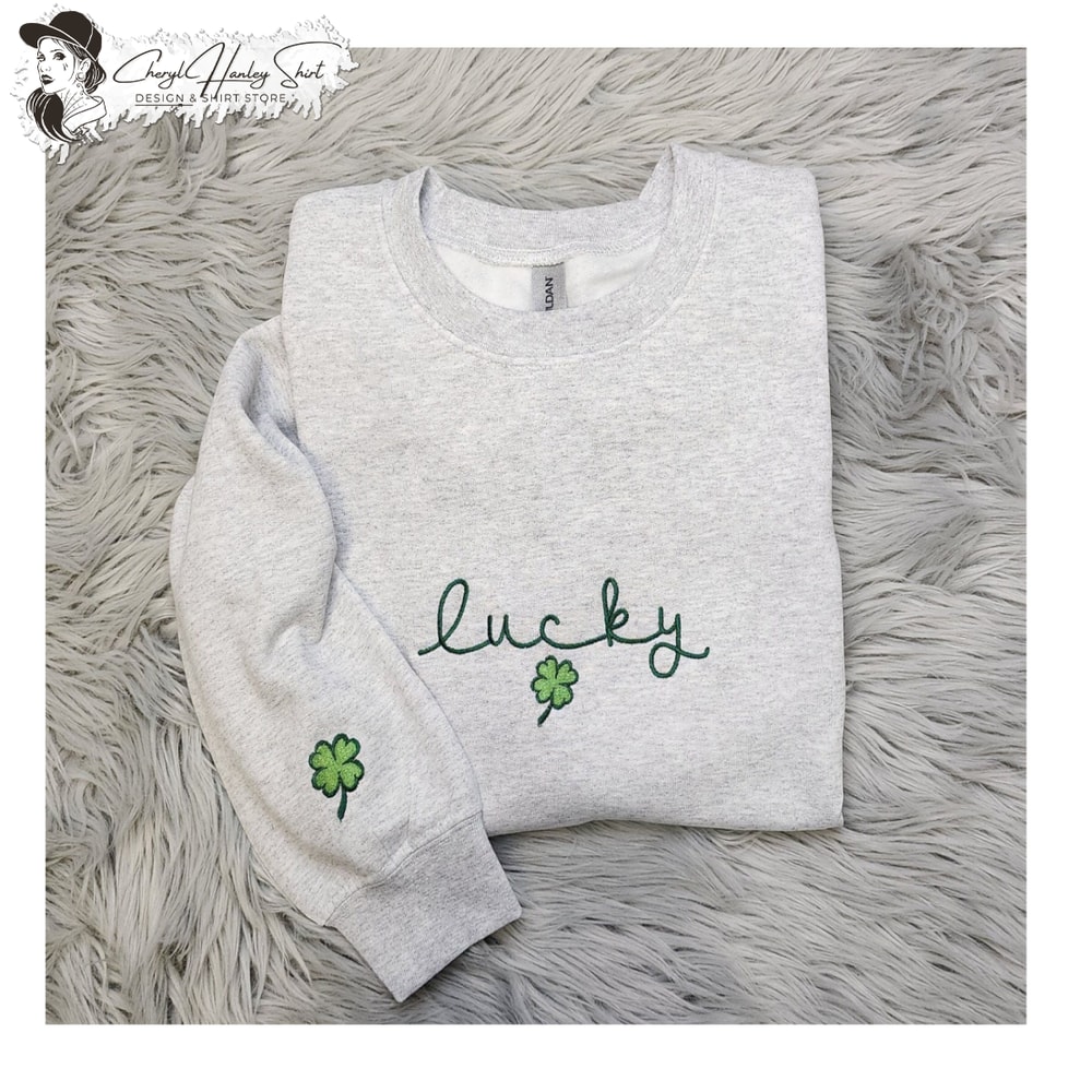Embroidered Lucky Shamrocks Sweatshirt with Shamrock Sleeve Design - Elegant St Patrick's Day Unisex Sweatshirt.jpg