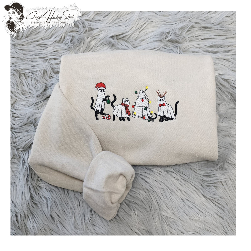 Embroidery  Christmas Ghost Cats Sweatshirt -Christmas Cats Embroidered Unisex Sweatshirt or Hooded Sweatshirt 1.jpg