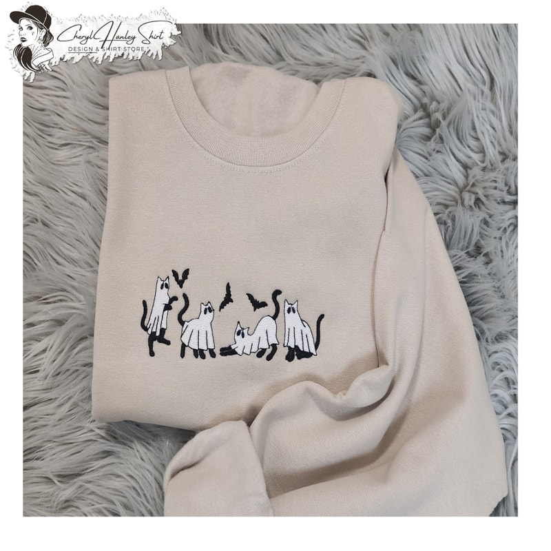 Embroidery Ghost Cats Halloween Sweatshirt - Halloween Ghost Cats Embroidered Unisex Sweatshirt or Hooded Sweatshirt.jpg