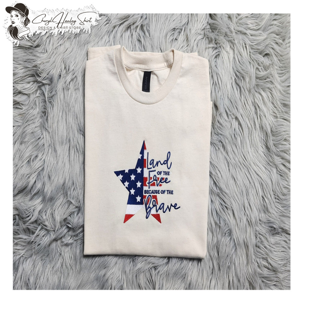USA Flag Embroidered Crewneck - Land of the Free Because of The Brave Embroidery - Fourth of July Crew - T-Shirt - Sweatshirt - Hoodie.jpg