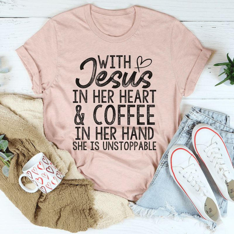 Jesus In Her Heart And Coffee In Her Hand Tee.png