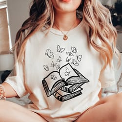 wildflower book t-shirt, book lover shirt, butterflytee, gift for teacher crewneck, bookworm shirt, bookish tees, sa473