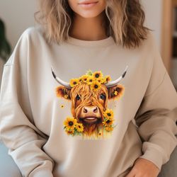 highland cow with sunflowers sweatshirt, highland cow with sunflowers shirt, sunflower shirt, western sweatshirt, flower