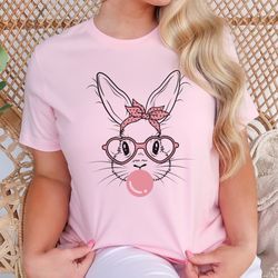 bunny with glasses shirt, easter bunny graphic tee, bubble gum bunny t-shirt, easter shirts for women, easter bunny t sh