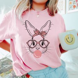 comfort colors bunny with glasses shirt, easter bunny graphic tee, bubble gum bunny t-shirt, easter shirts for women, ea