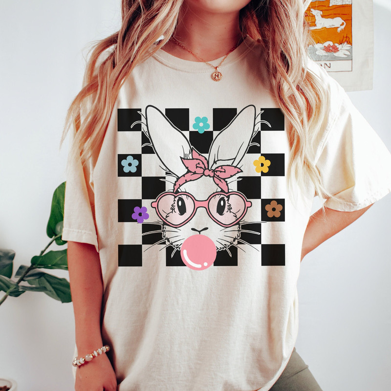 Comfort Colors® Easter Bunny With Bandana Glasses Bubblegum Shirt, Cute Bunny With Bandana Shirt, Bubble Gum Bunny Shirt, Retro Easter Tee.jpg