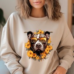 pitbull wearing sunflower t-shirt, pitbull mom sweatshirt, dog lover t-shirt, pitbull graphic tee, pitbull lover t-shirt