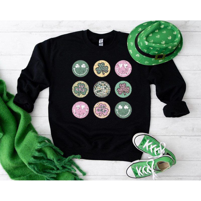 Retro Shamrock Sweatshirt, Retro St Patrick's Smiley Clover Disco Sweatshirt, St Patrick's Smiley Hoodie, St Patricks Day Gifts.jpg