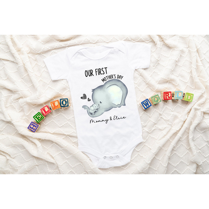 Our First Mother's Day Tshirt, Custom New Baby Gift Bodysuit, Cute Elephants Mother & Child Babygrow, 1st Time Mom Clothing, Baby Shower Tee.jpg