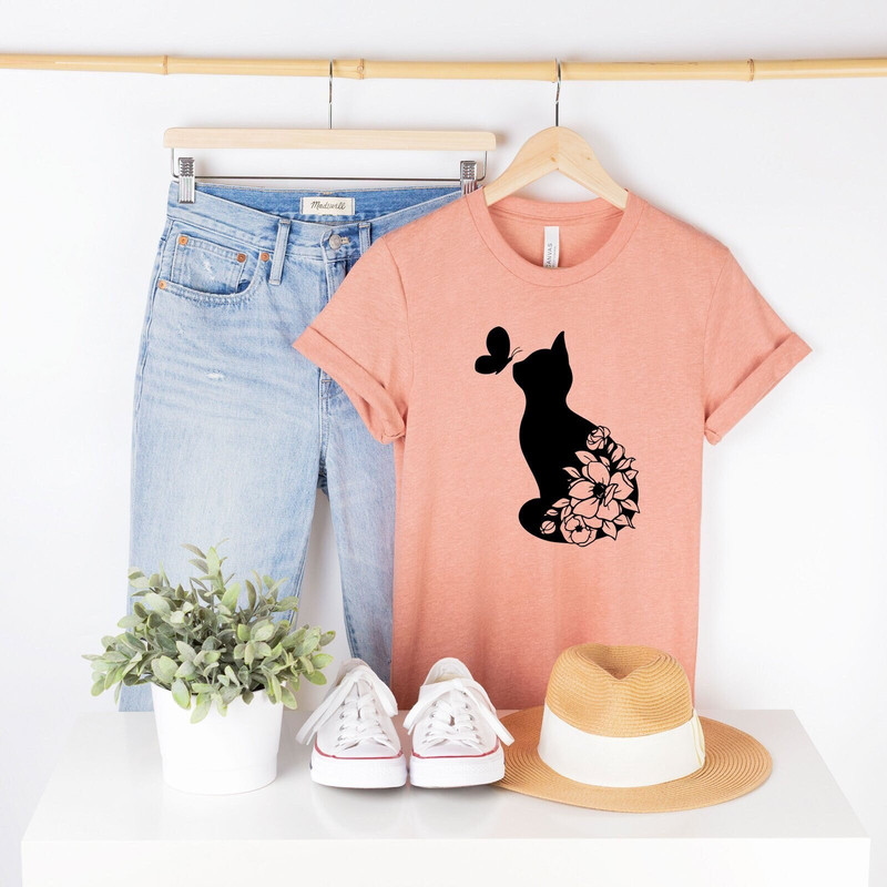 Cat Shirt, Cat Mom T-shirt, Mother's Day Shirt, Floral Cat Shirt, Nature Lover Shirt, Cat Lady Gift, Pet Lover Shirt, Cat and Butterfly Tee.jpg