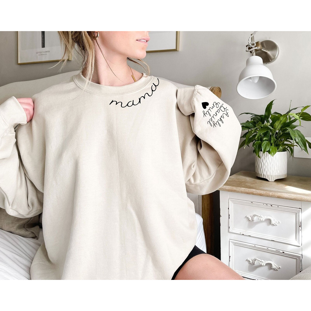 Custom Mama Sweatshirt with Kid Name on Sleeve, Custom Neck and Sleeve Design Sweatshirt, Minimalist sweatshirt, Mothers Day, Gift for Mom.jpg