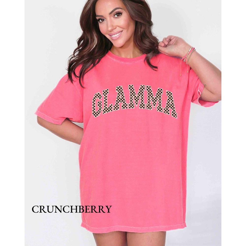 Glamma Glamorous Grandma Comfort Colors Shirt, Playful Checker Varsity-Style, Mother's Day, Birthday, Baby Announcement Gift For Granny Mimi.jpg