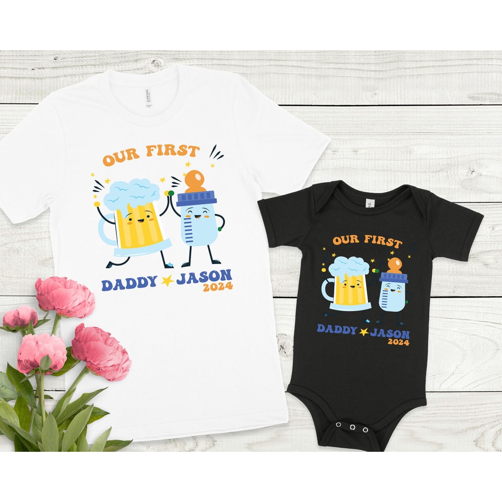 Custom Our First Beer Father T-Shirt, Gift For Dad Shirt, Personalized Dad Shirt, Fathers Day Shirt, Daddy Shirt, Grandpa Shirt,New Dad Gift.jpg