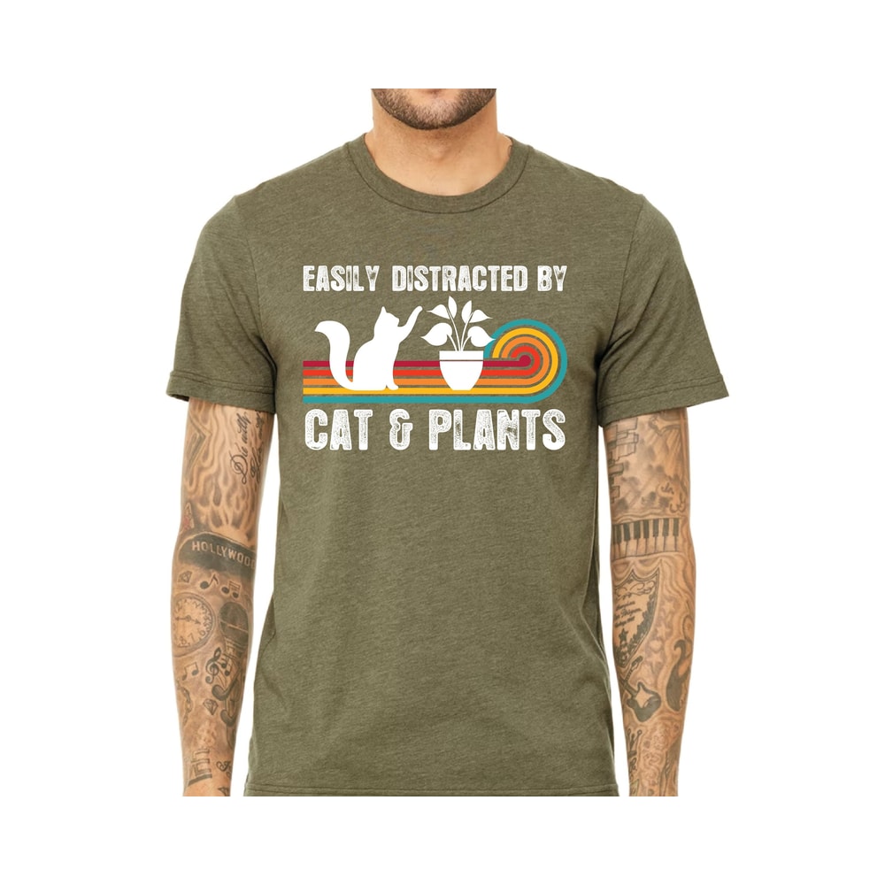 Retro Cat Dad Gift - Easily Distracted By Cats and Plants Shirt - Funny Cat Shirt - Gardening Shirt Gift for Plant Lover.jpg