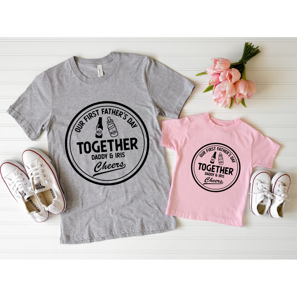 Our First Fathers Day Together Shirt, Personalized Matching, Beer Milk Bottle, 1st Fathers Day 2023, Baby and Daddy Outfit, Customized Name.jpg