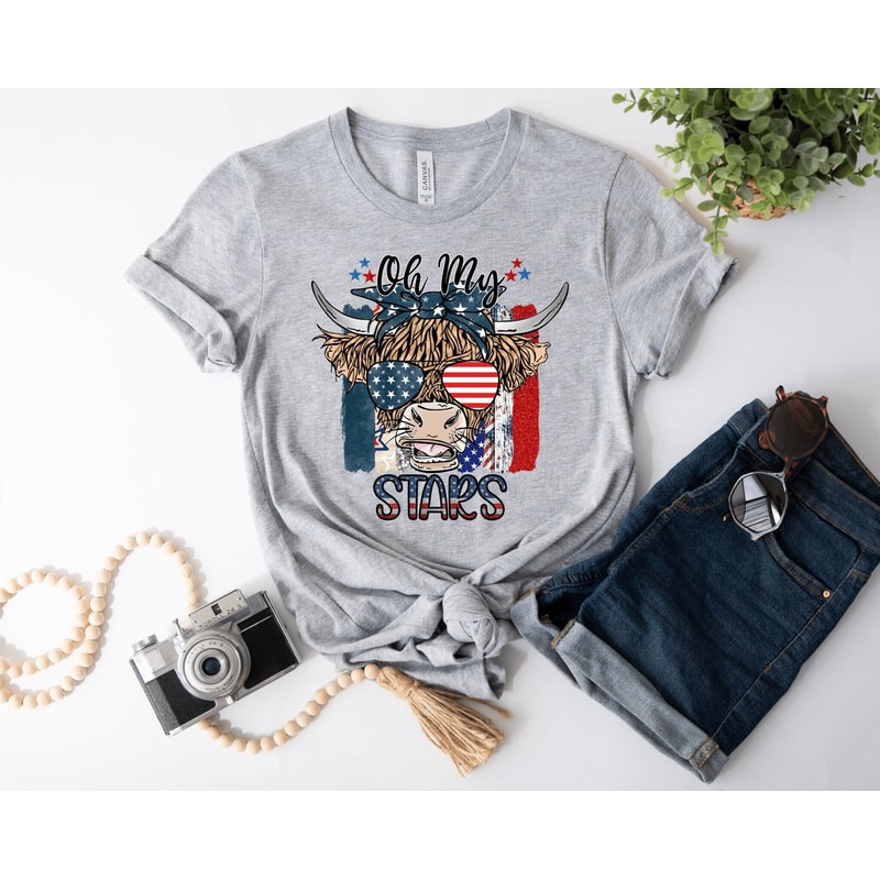 Oh My Stars Cow Shirt, Highland Cow shirt, Highland Cow With 4th July, American Flag Shirt, Fourth Of July Tee, Independence Day.jpg