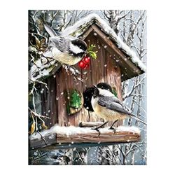Bird's Nest. Two small birds are holding cherry-red fruits. Snow scene. Cross-stitch