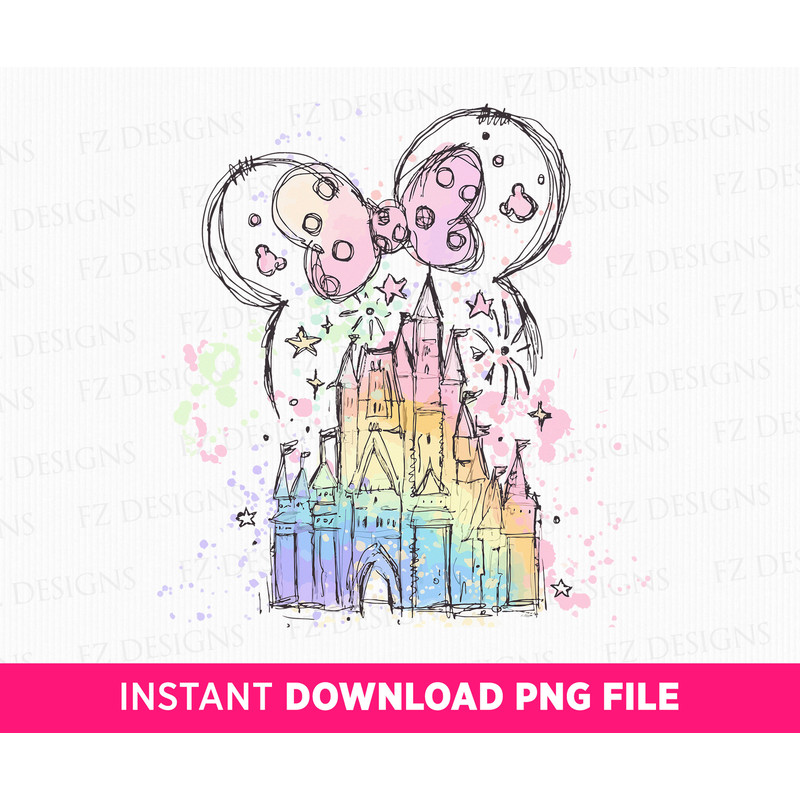 Mouse Ear Castle Png, Watercolor Castle Clipart Png, Magical Kingdom Png, Retro Colorful Castle, Sublimation Design Png, Instant Download.jpg