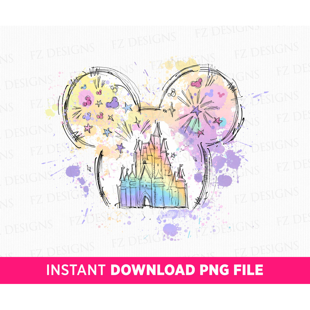 Watercolor Magical Kingdom Png, Retro Colorful Castle Png, Mouse Ear Castle Png, Balloons and Stars, Family Trip, Png File For Sublimation.jpg