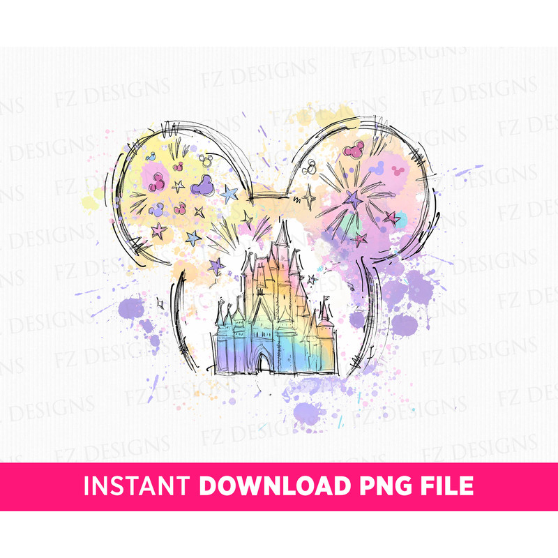 Watercolor Magical Kingdom Png, Retro Colorful Castle Png, Mouse Ear Castle Png, Balloons and Stars, Family Trip, Png File For Sublimation.jpg