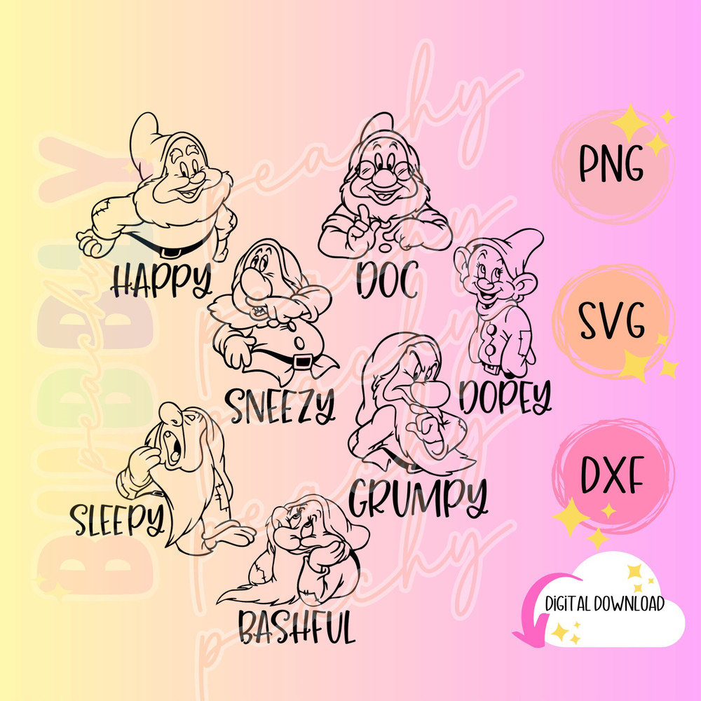 7 Dwarfs Outlines, Bundle Art SVG - PNG, Digital File.jpg