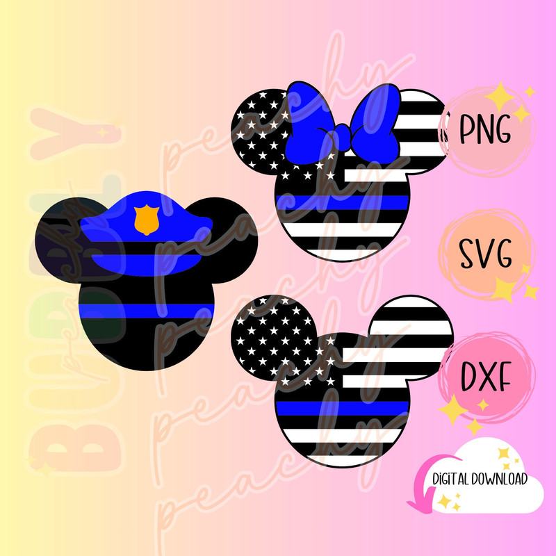 Police Thin Blue Line, Police Flag, Police Department, Minnnie and Mickeyy, SVG - PNG, Digital File.jpg