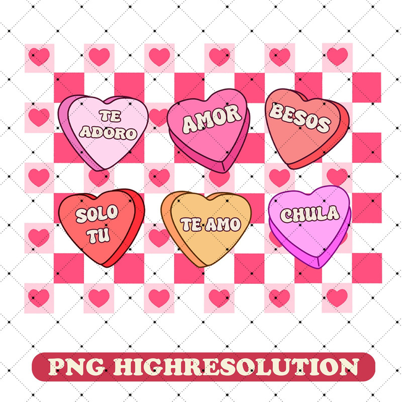 Spanish Valentine's Day Candy Hearts Checkerboard PNG, Spanish Candy Hearts Digital Download, Conversation Hearts Clipart Sublimation.jpg