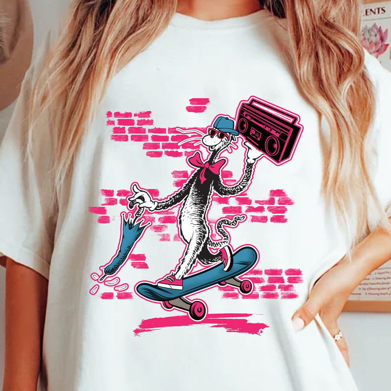 Pink Cat In The Hat Skateboarding Png, Funny Dr. Seuss Cassette Station Png, Thing 1 Thing 2, Green Eggs and Ham, Dr.Seuss for Teacher Gifts.jpg