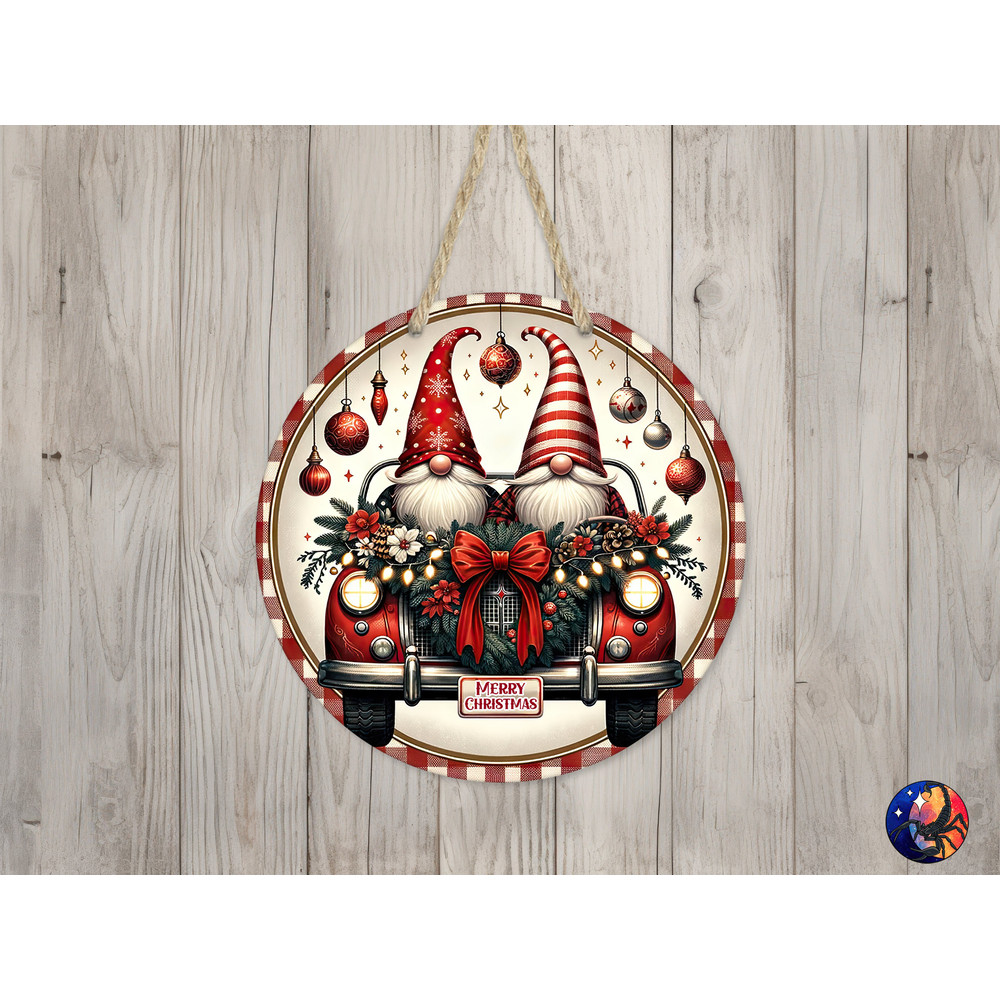 Christmas Gnomes & Car Sign Round Door Hanger Design, 12 inch Sublimation Design, Sign Round, PNG File, Digital Download.jpg